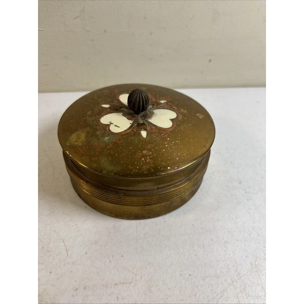 Brass & Glass Powder Hearts Vanity Trinket‎ Jar Art Deco VTG